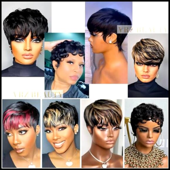 Short Layered Pixie Human Hair Wig Glueless Machine Made Natural Black